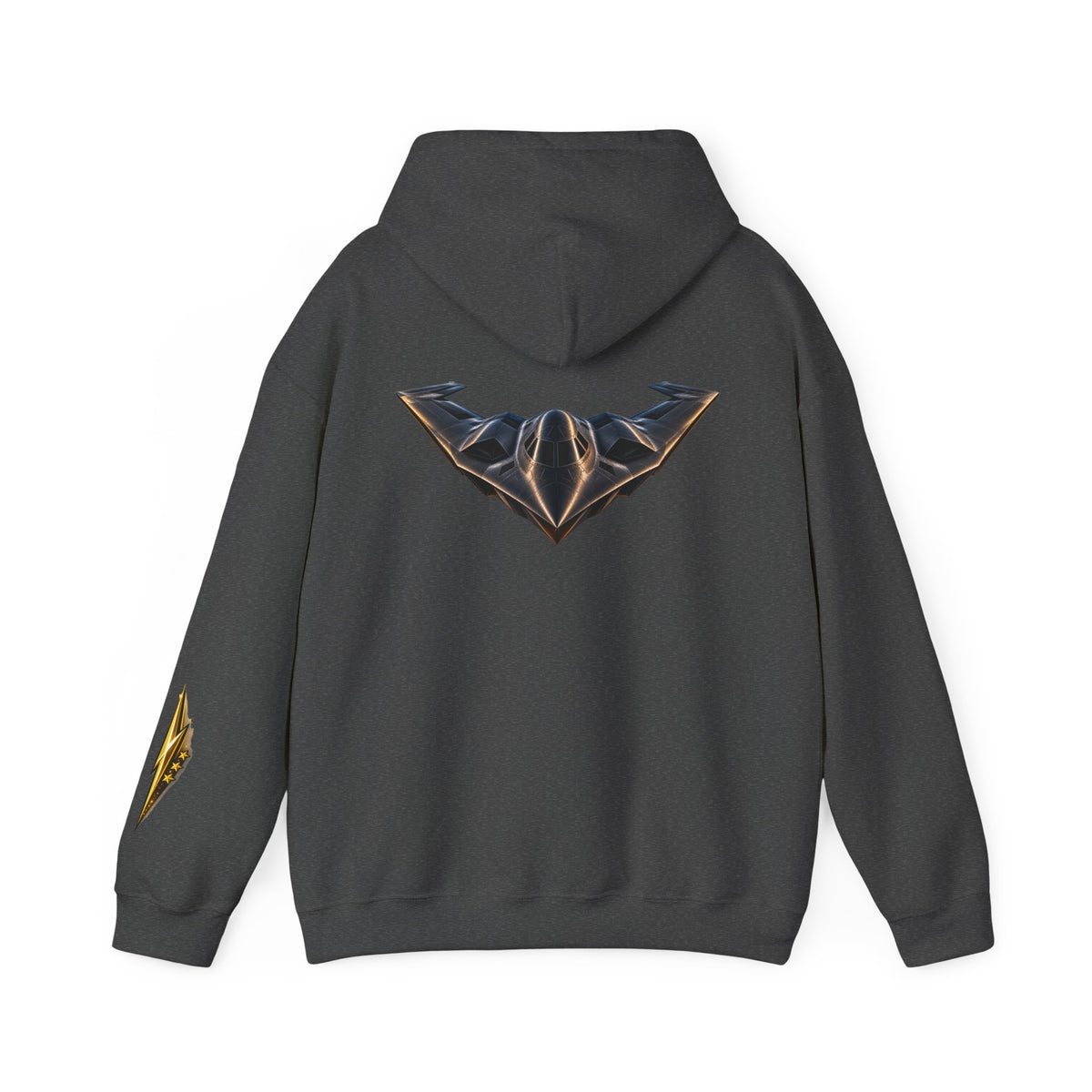 Emblem Armor Hoodie — Black Metallic Crest Back Jet Graphic Hoodie
