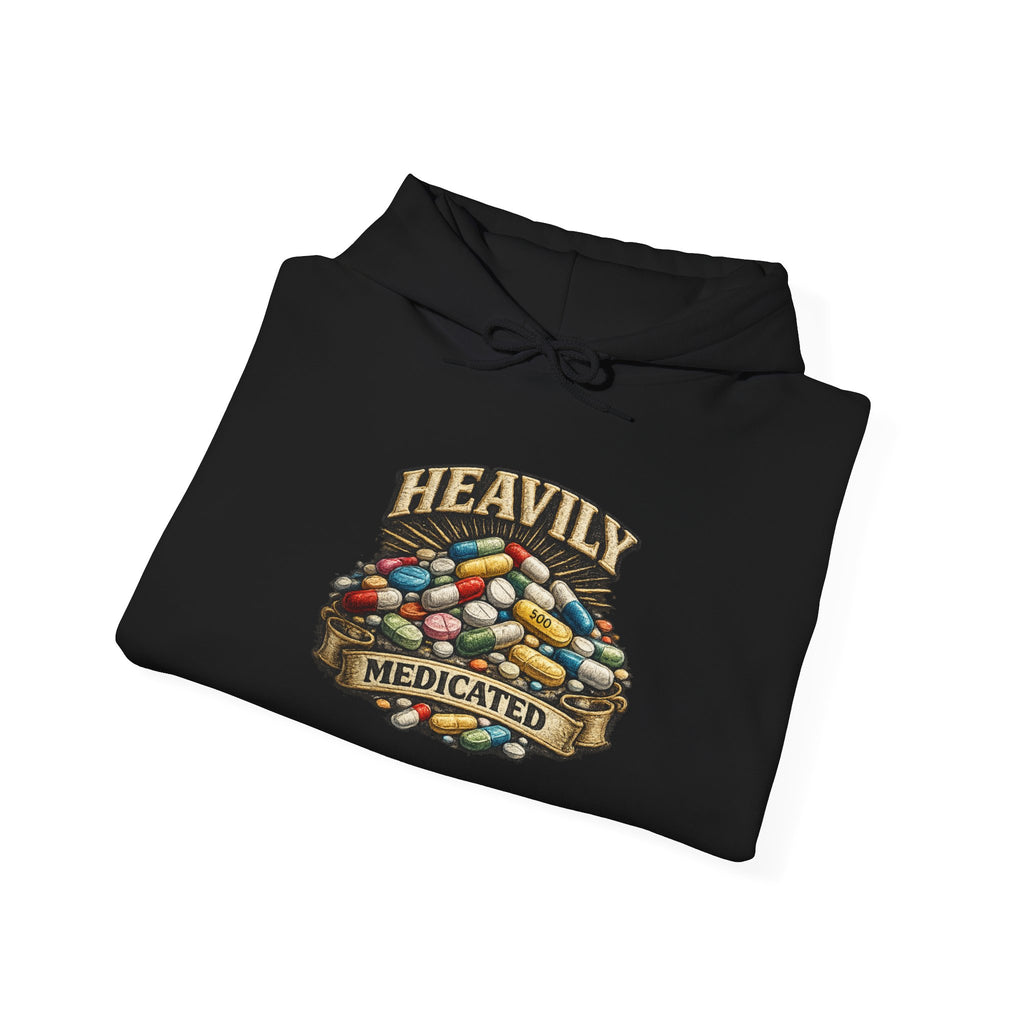 Heavily Medicated Hoodie — 'Heavily Medicated' Pill Pile Graphic Pullover