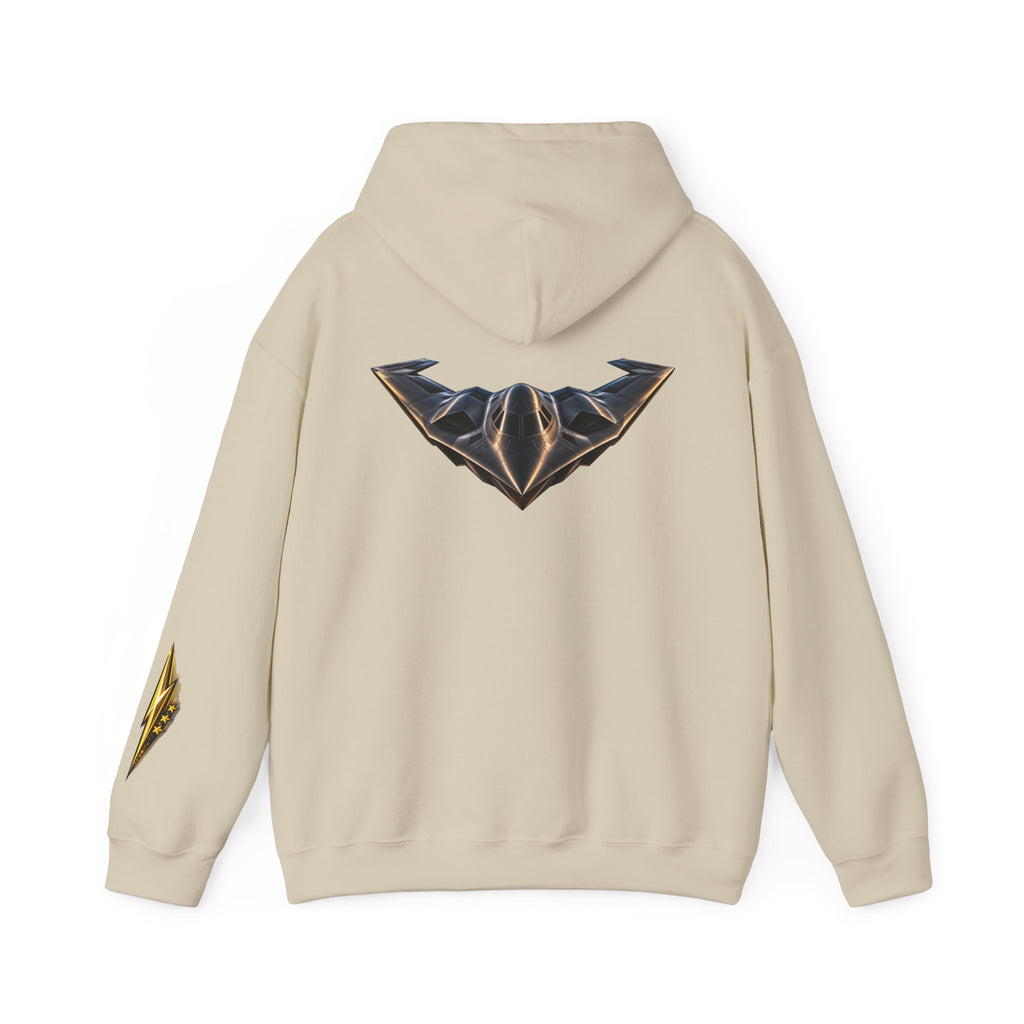 Emblem Armor Hoodie — Black Metallic Crest Back Jet Graphic Hoodie
