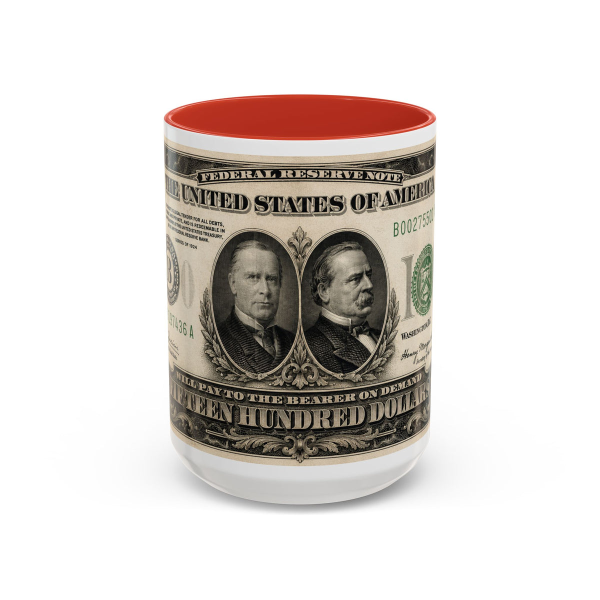 Money Print Coffee Mug — Vintage 1000 & 500 Note Accent Mug
