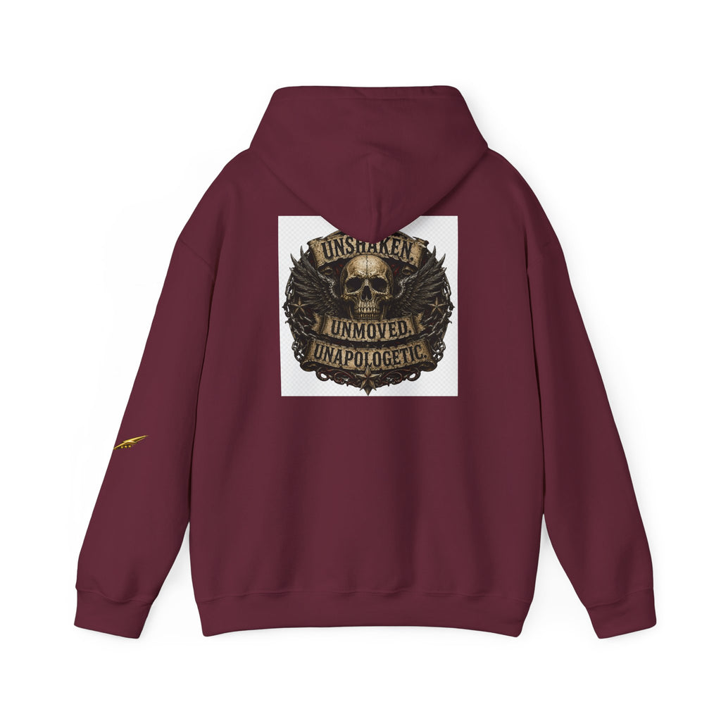 Hoodie — "Unshaken, Unmoved, Unapologetic" Skull Crest Back Print