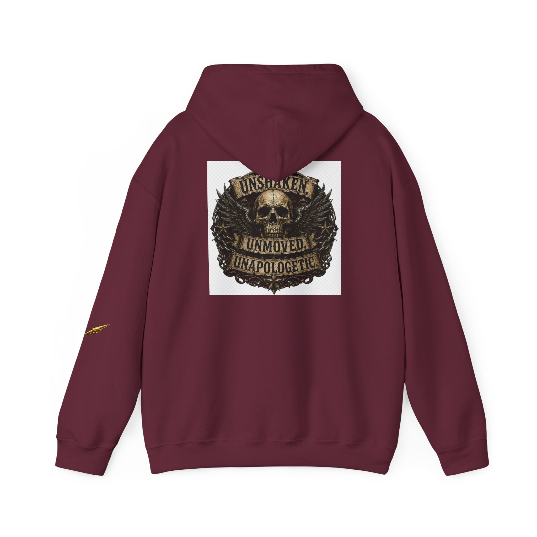 Hoodie — "Unshaken, Unmoved, Unapologetic" Skull Crest Back Print