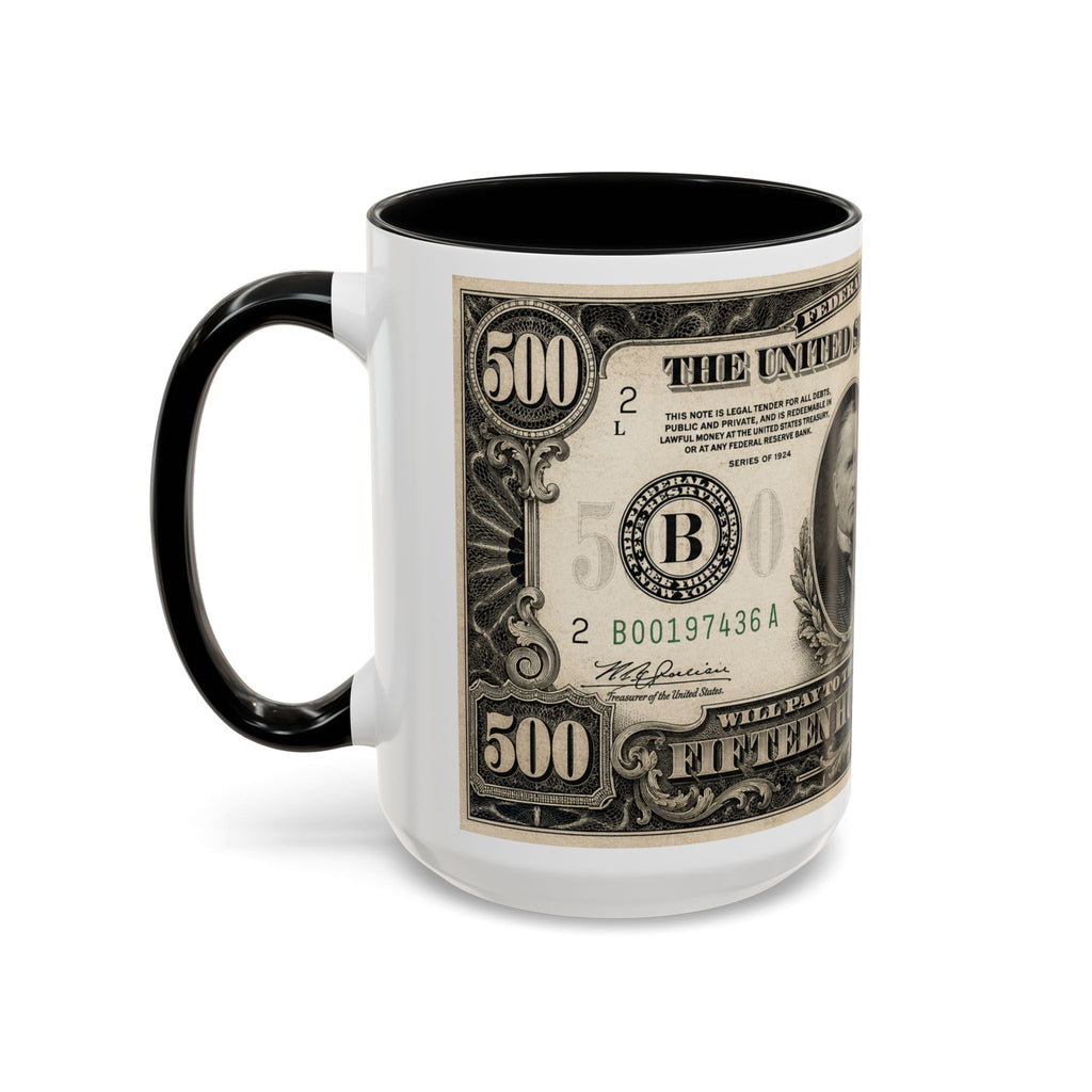 Money Print Coffee Mug — Vintage 1000 & 500 Note Accent Mug