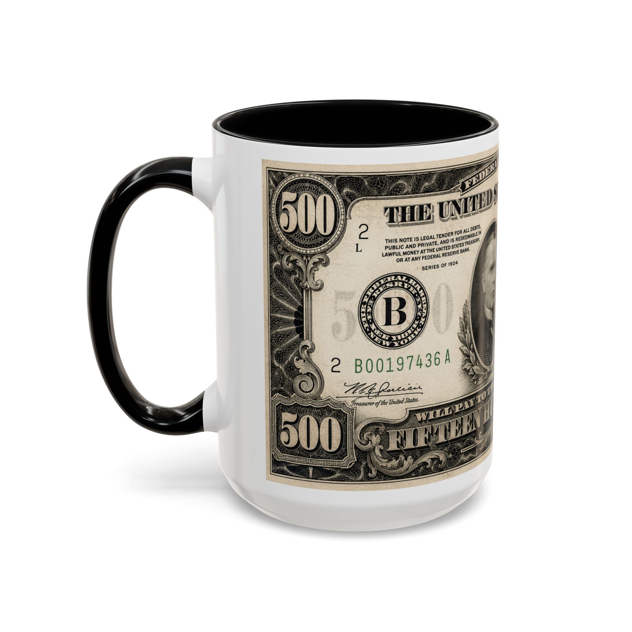 Money Print Coffee Mug — Vintage 1000 & 500 Note Accent Mug