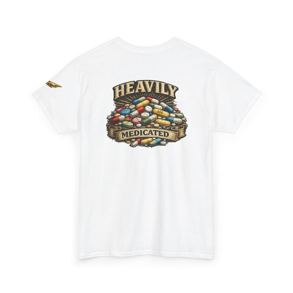 Heavily Medicated Tee — Graphic Pill Pile Back Print T‑Shirt