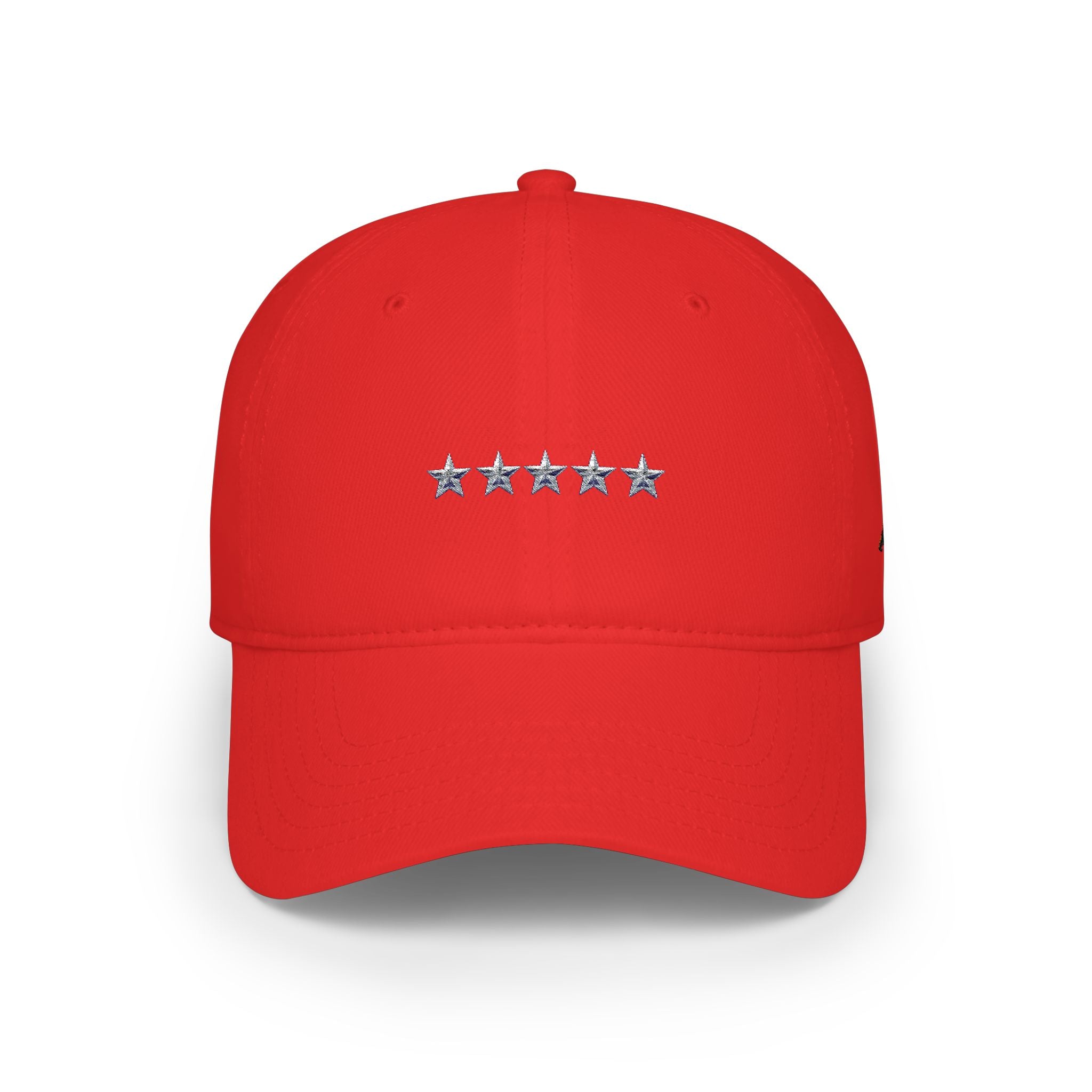 Red cap with a black logo on a white background