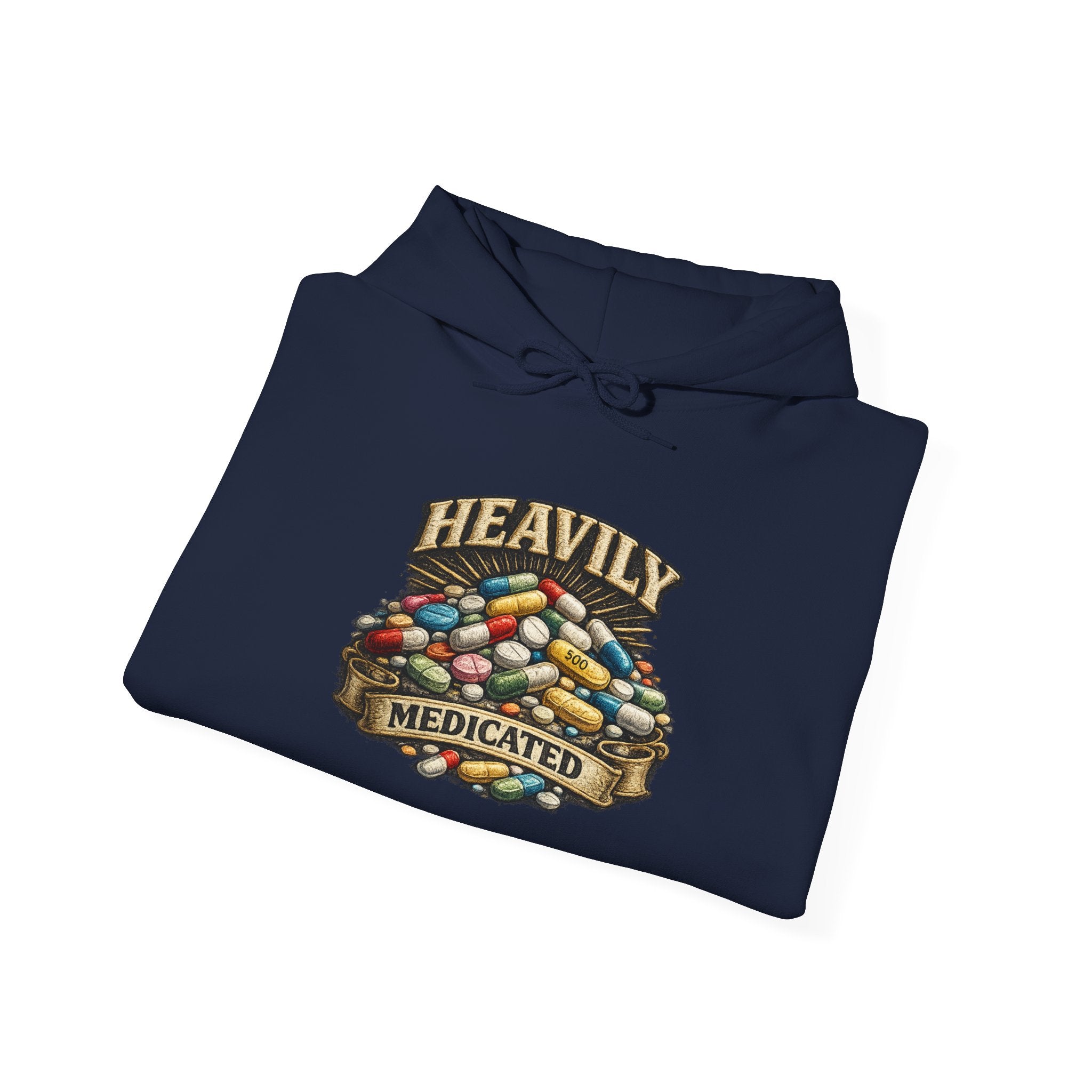 Heavily Medicated Hoodie — 'Heavily Medicated' Pill Pile Graphic Pullover