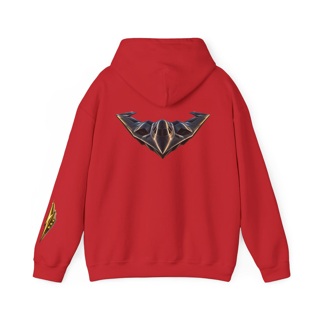 Emblem Armor Hoodie — Black Metallic Crest Back Jet Graphic Hoodie