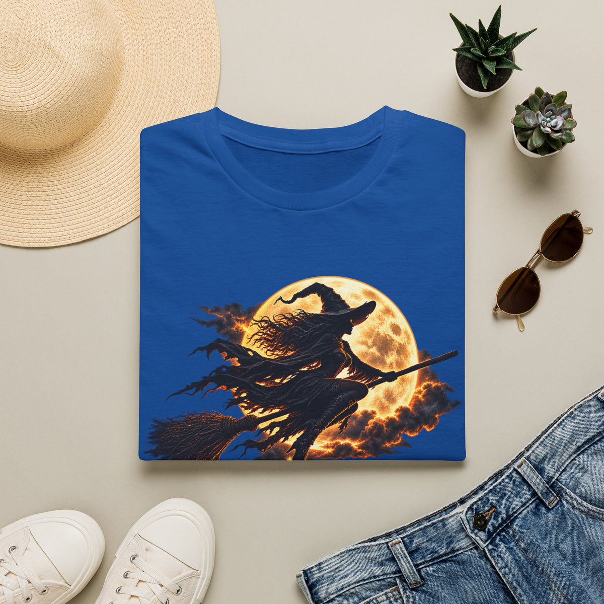 Witch Silhouette T-Shirt — Flying Witch & Full Moon Halloween Tee