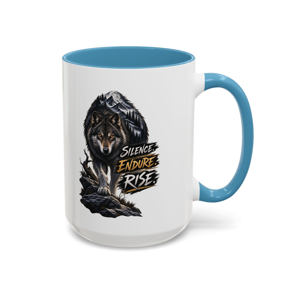 Wolf Graphic Coffee Mug — "Silence Endure Rise" Accent Ceramic Mug (11/15oz)