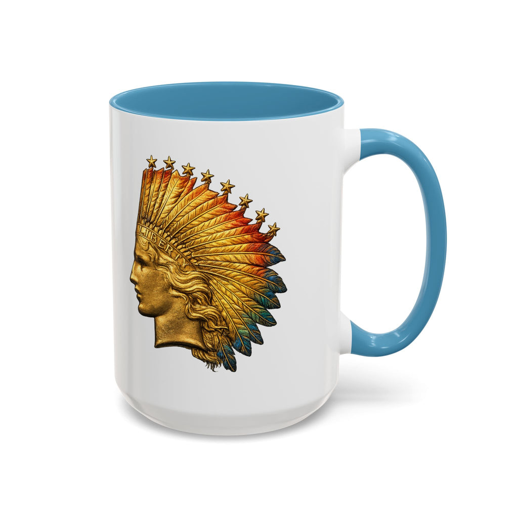 Golden Native Headdress Accent Coffee Mug – Vintage Indian Chief Design (11/15oz)