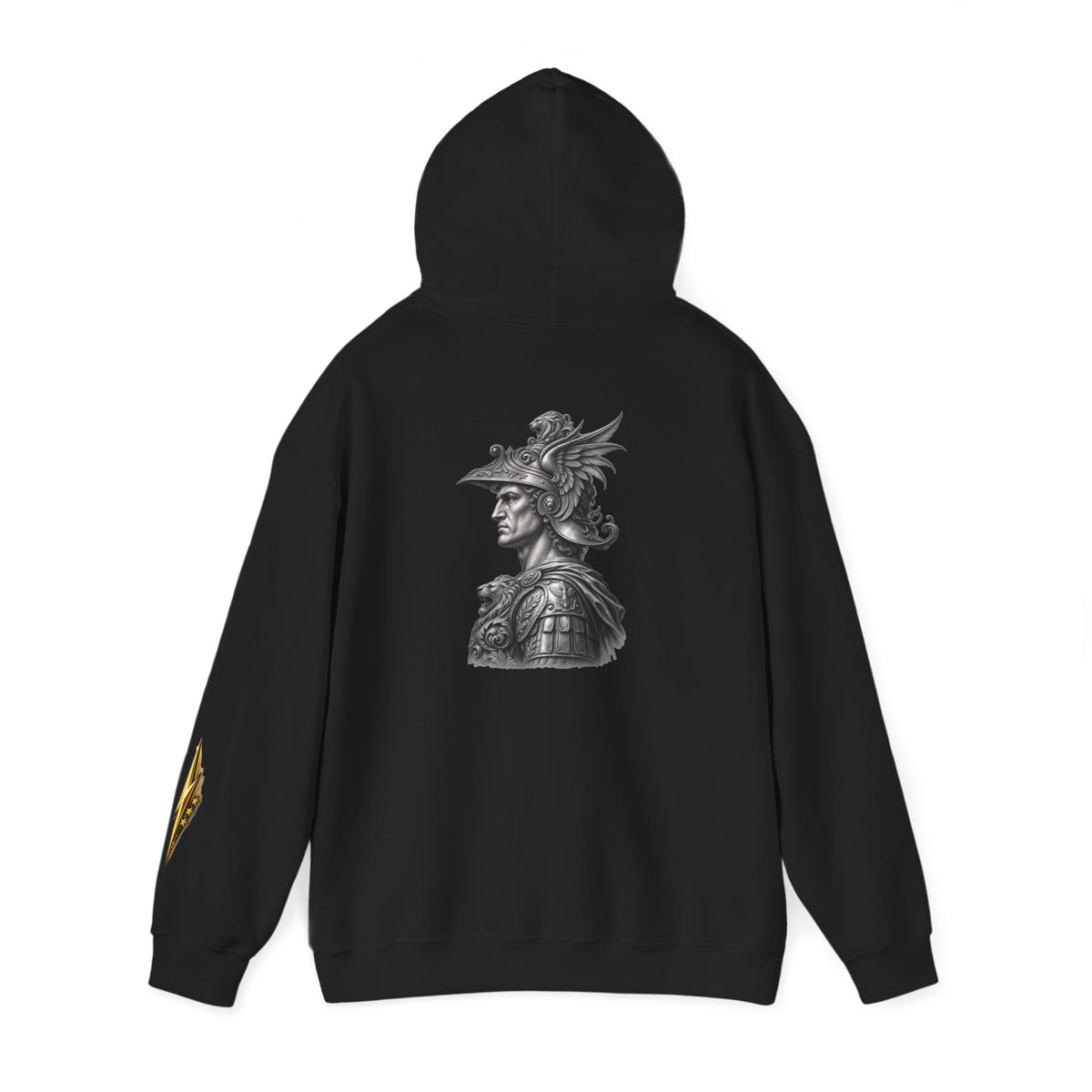 Roman Soldier Hoodie — Detailed Bust Illustration on Back, Gold Sleeve Emblem