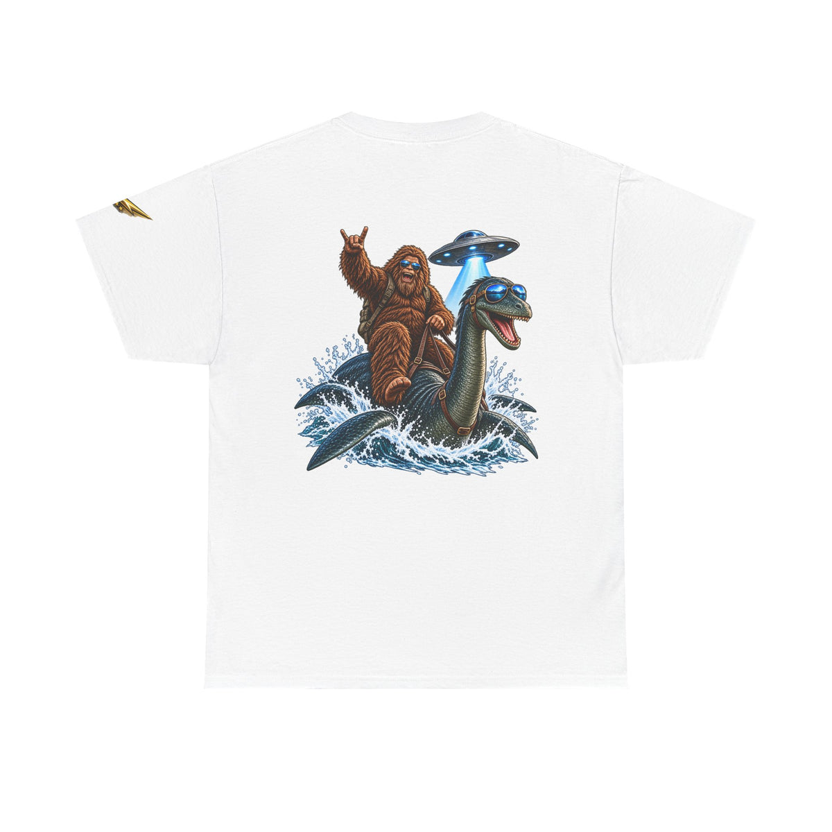 T-Shirt — Sasquatch Riding Loch Ness Monster with UFOs Graphic Tee
