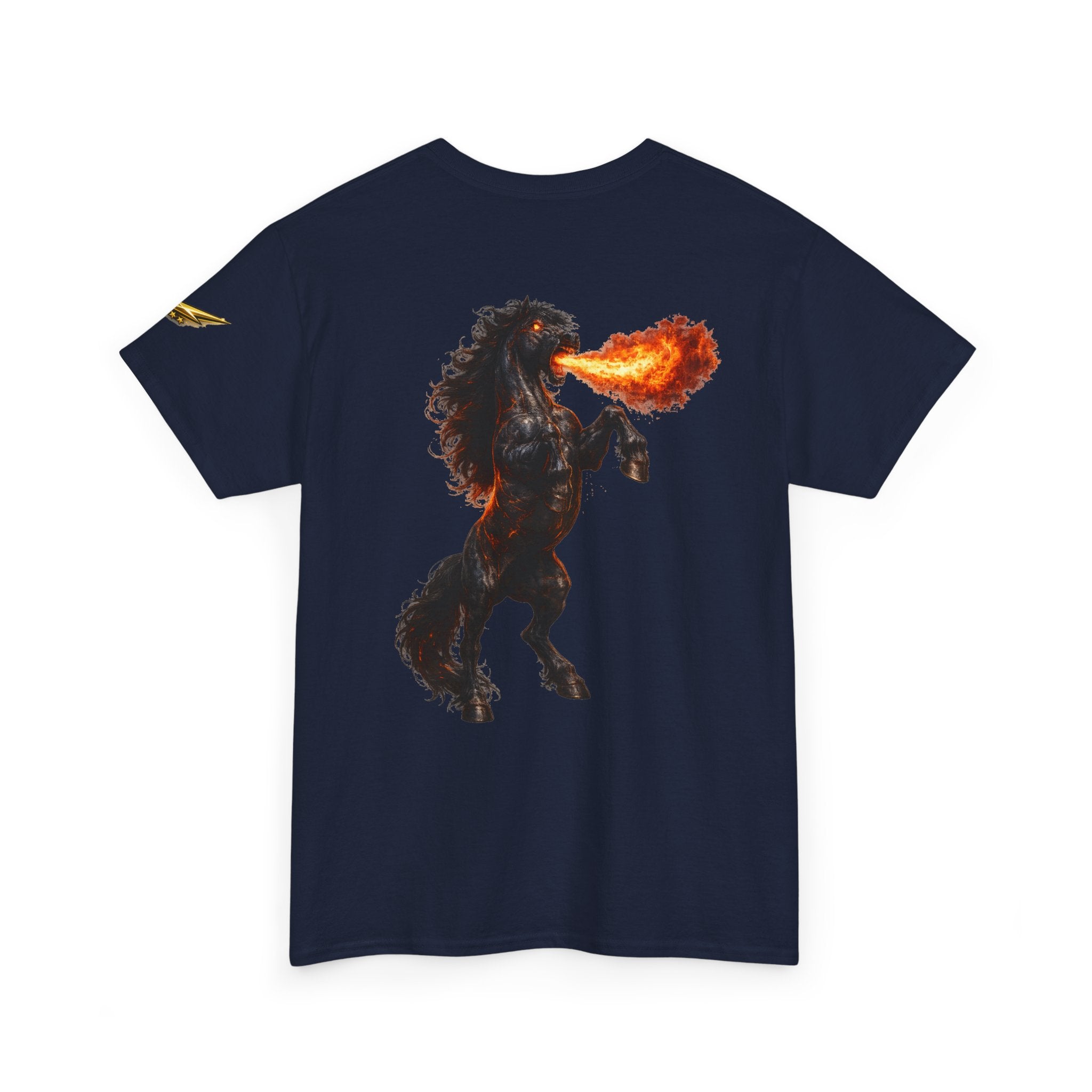 Fire-Breathing Horse Graphic Tee — Mythic Black Stallion Back Print