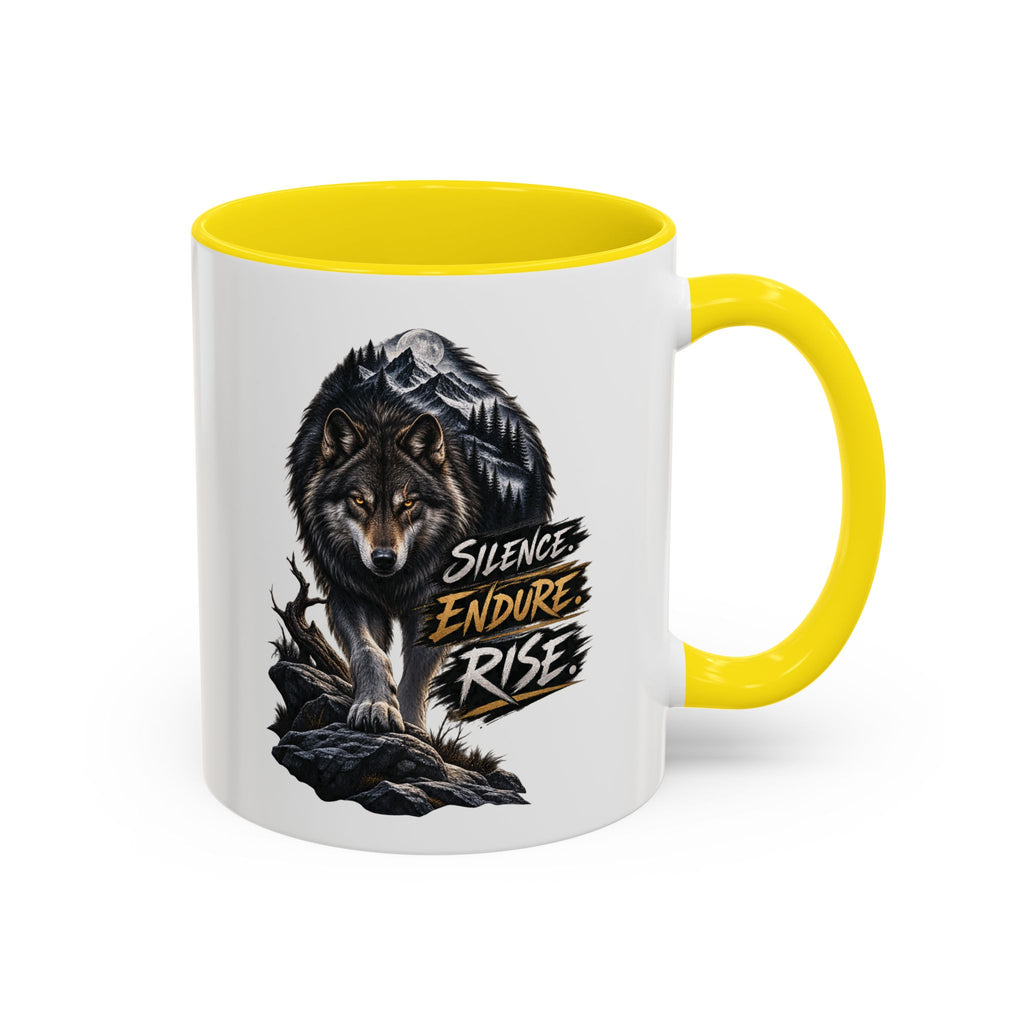 Wolf Graphic Coffee Mug — "Silence Endure Rise" Accent Ceramic Mug (11/15oz)