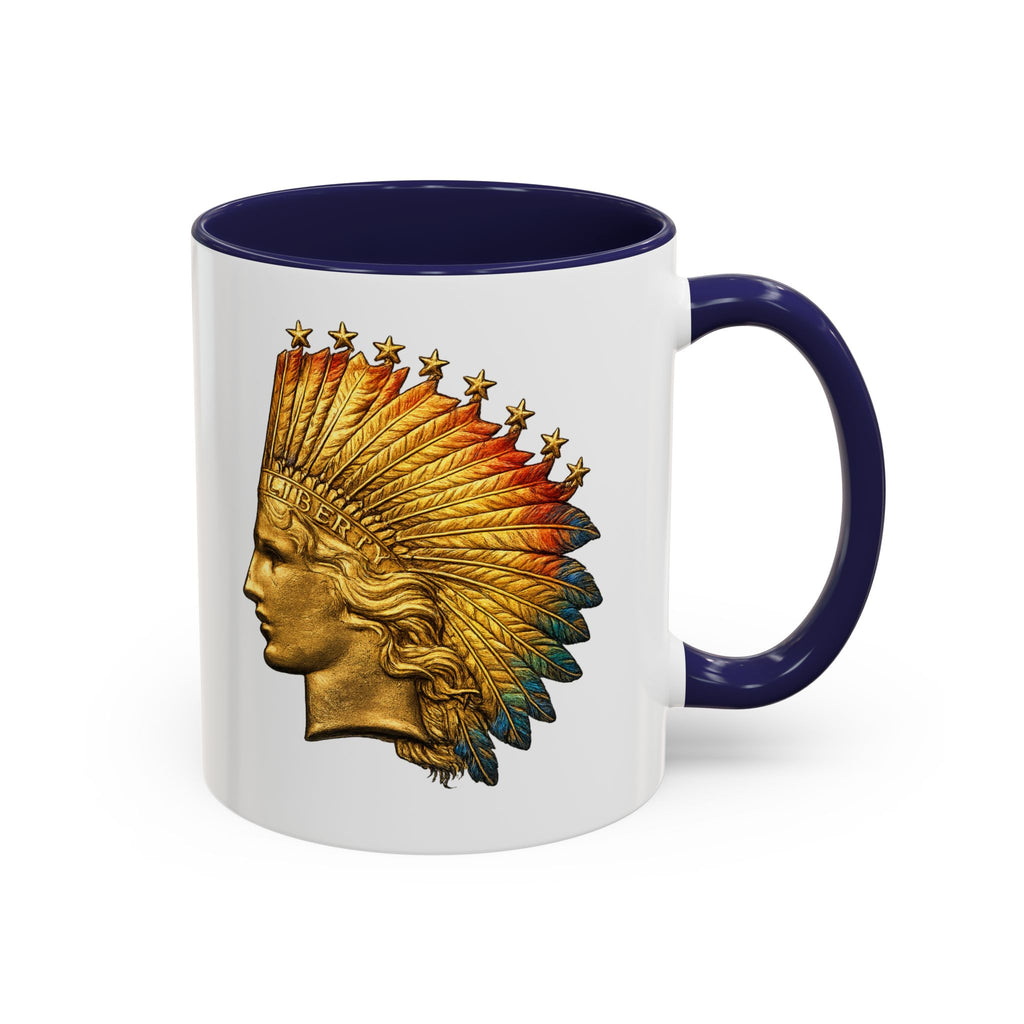 Golden Native Headdress Accent Coffee Mug – Vintage Indian Chief Design (11/15oz)