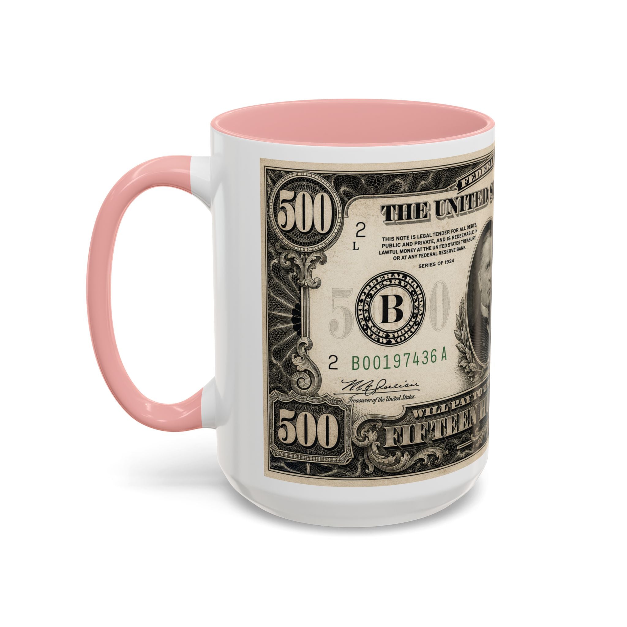 Money Print Coffee Mug — Vintage 1000 & 500 Note Accent Mug