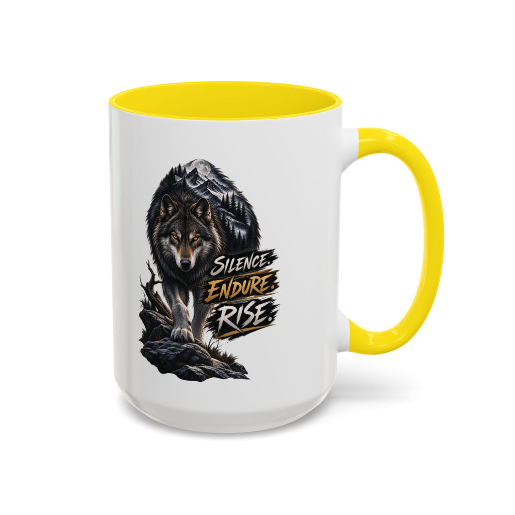 Wolf Graphic Coffee Mug — "Silence Endure Rise" Accent Ceramic Mug (11/15oz)
