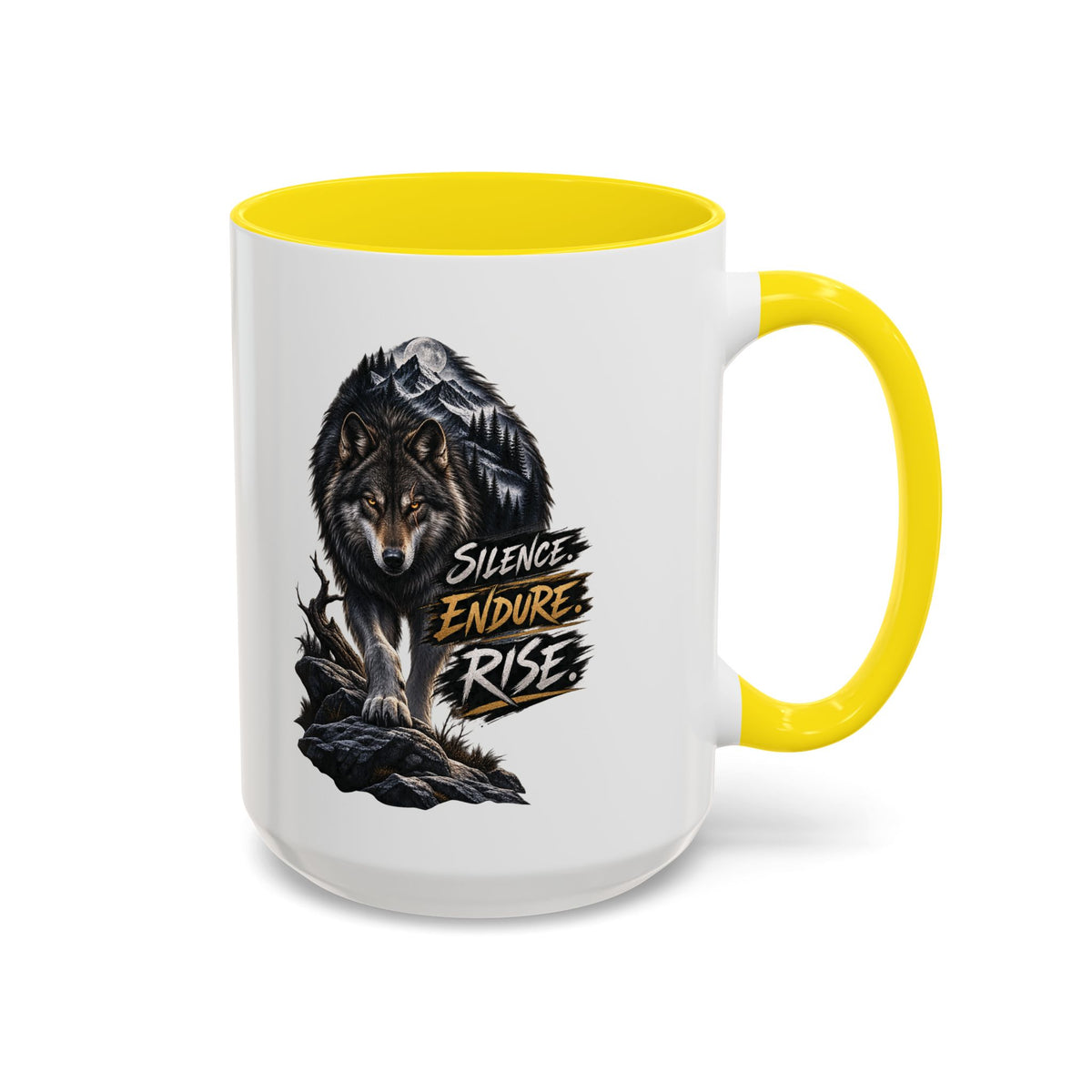 Wolf Graphic Coffee Mug — "Silence Endure Rise" Accent Ceramic Mug (11/15oz)