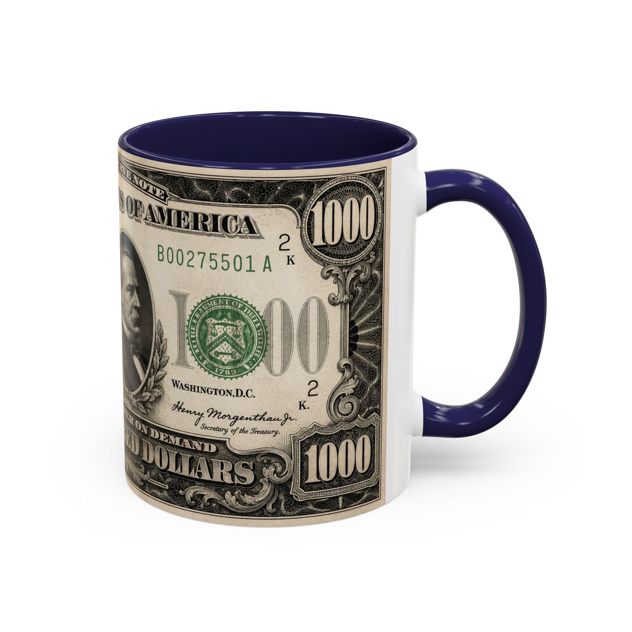 Money Print Coffee Mug — Vintage 1000 & 500 Note Accent Mug