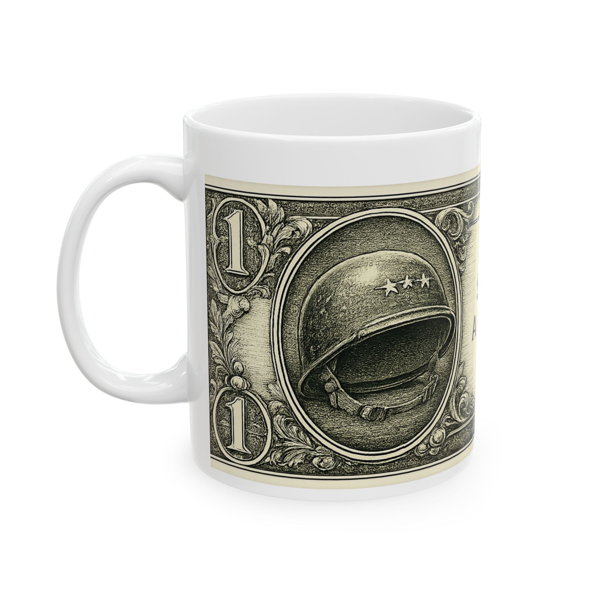 Dollar Bill Quote Mug — “An ounce of sweat will save a gallon of blood” Ceramic Coffee Cup (11oz, 15oz)
