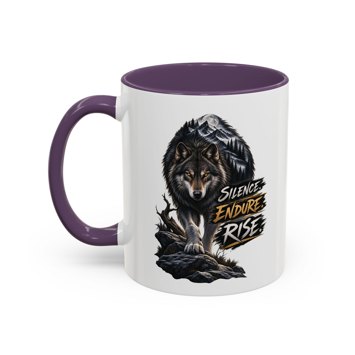Wolf Graphic Coffee Mug — "Silence Endure Rise" Accent Ceramic Mug (11/15oz)