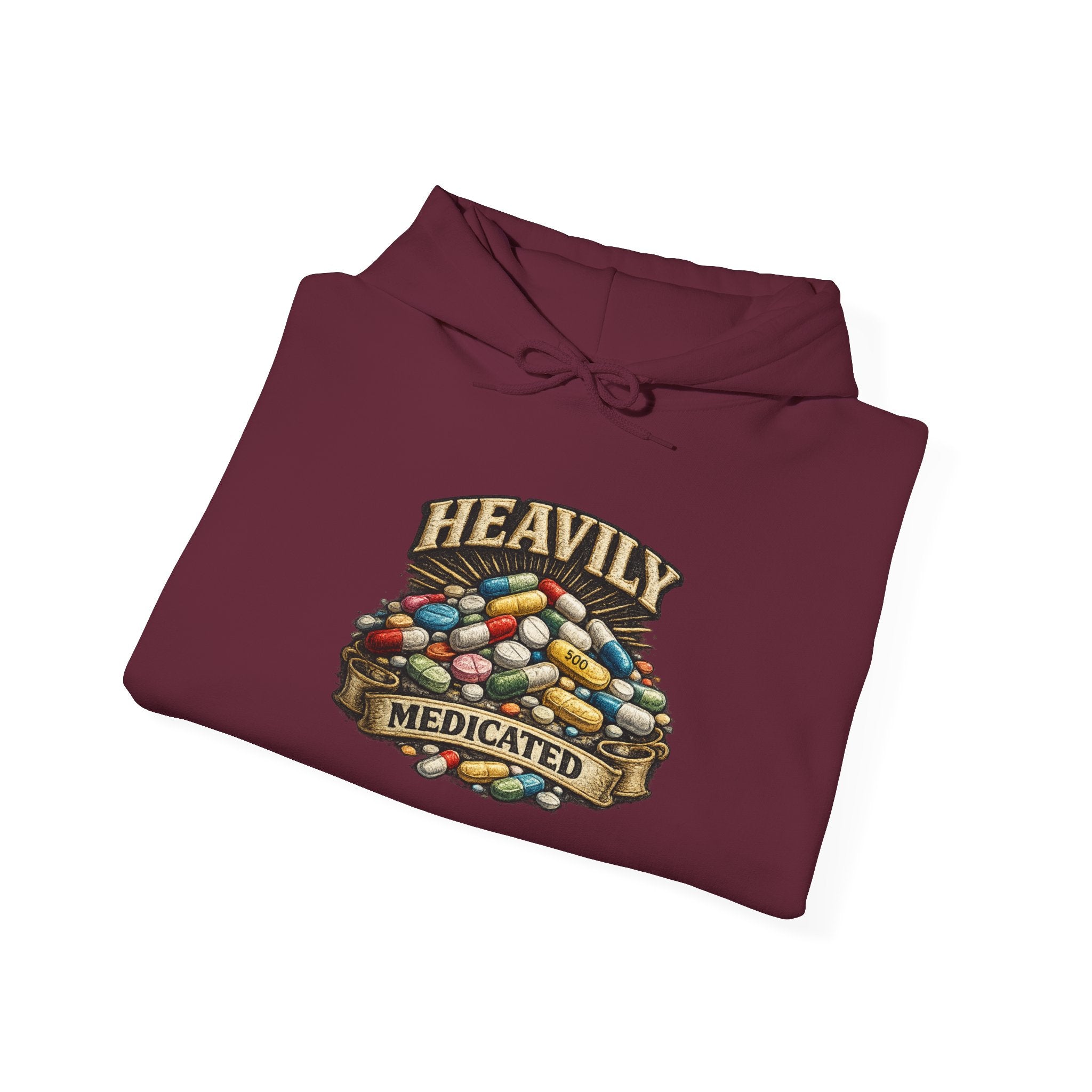 Heavily Medicated Hoodie — 'Heavily Medicated' Pill Pile Graphic Pullover