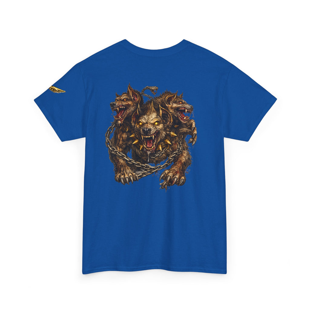Three-Headed Hellhound Graphic Tee — Mythic Wolf Monster Back Print