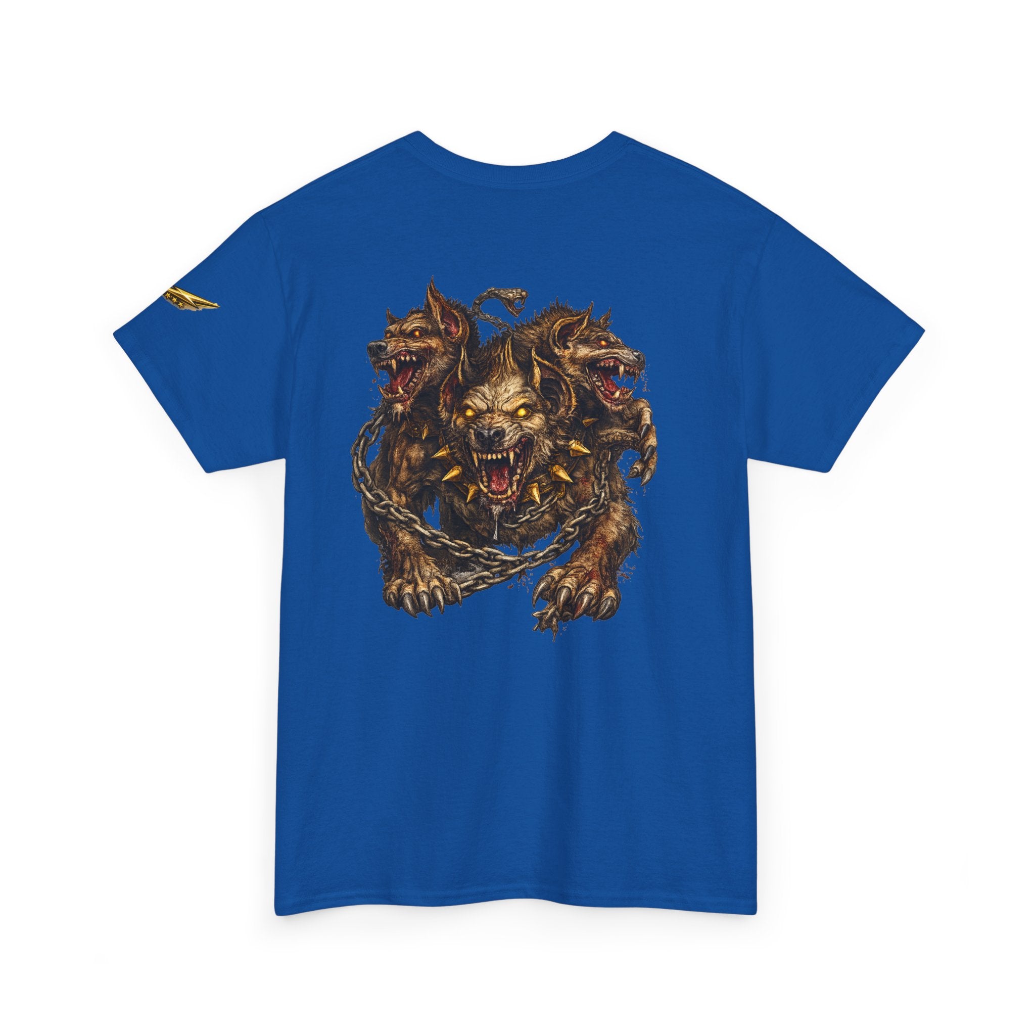 Three-Headed Hellhound Graphic Tee — Mythic Wolf Monster Back Print