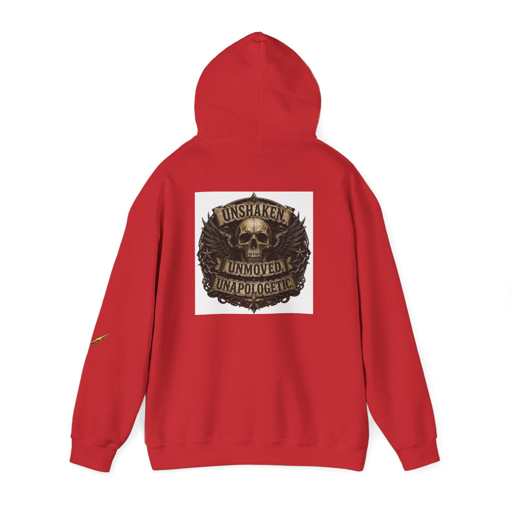 Hoodie — "Unshaken, Unmoved, Unapologetic" Skull Crest Back Print