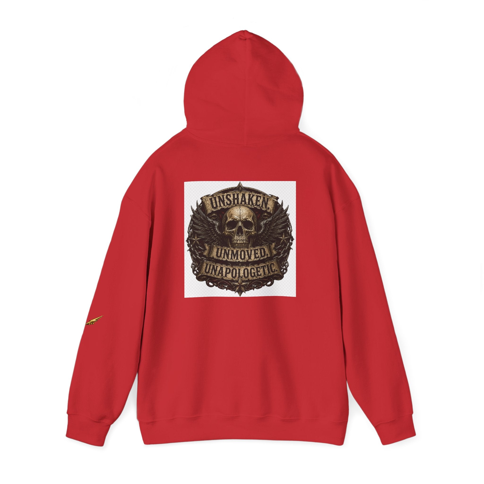 Hoodie — "Unshaken, Unmoved, Unapologetic" Skull Crest Back Print