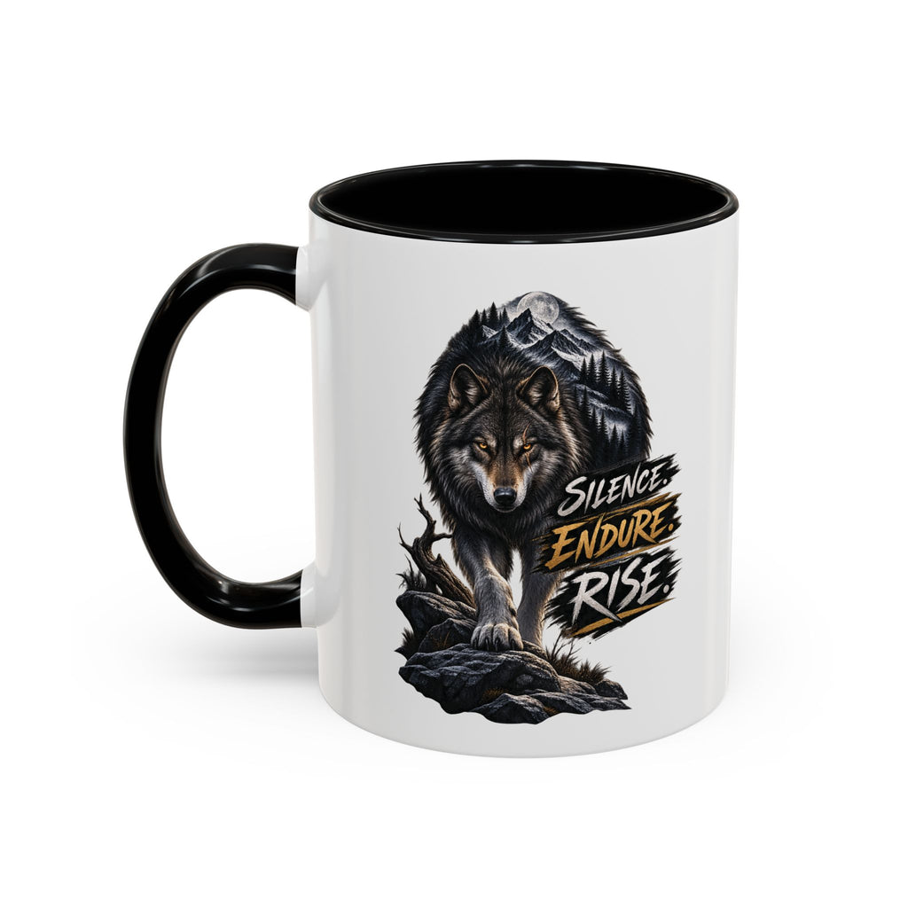 Wolf Graphic Coffee Mug — "Silence Endure Rise" Accent Ceramic Mug (11/15oz)