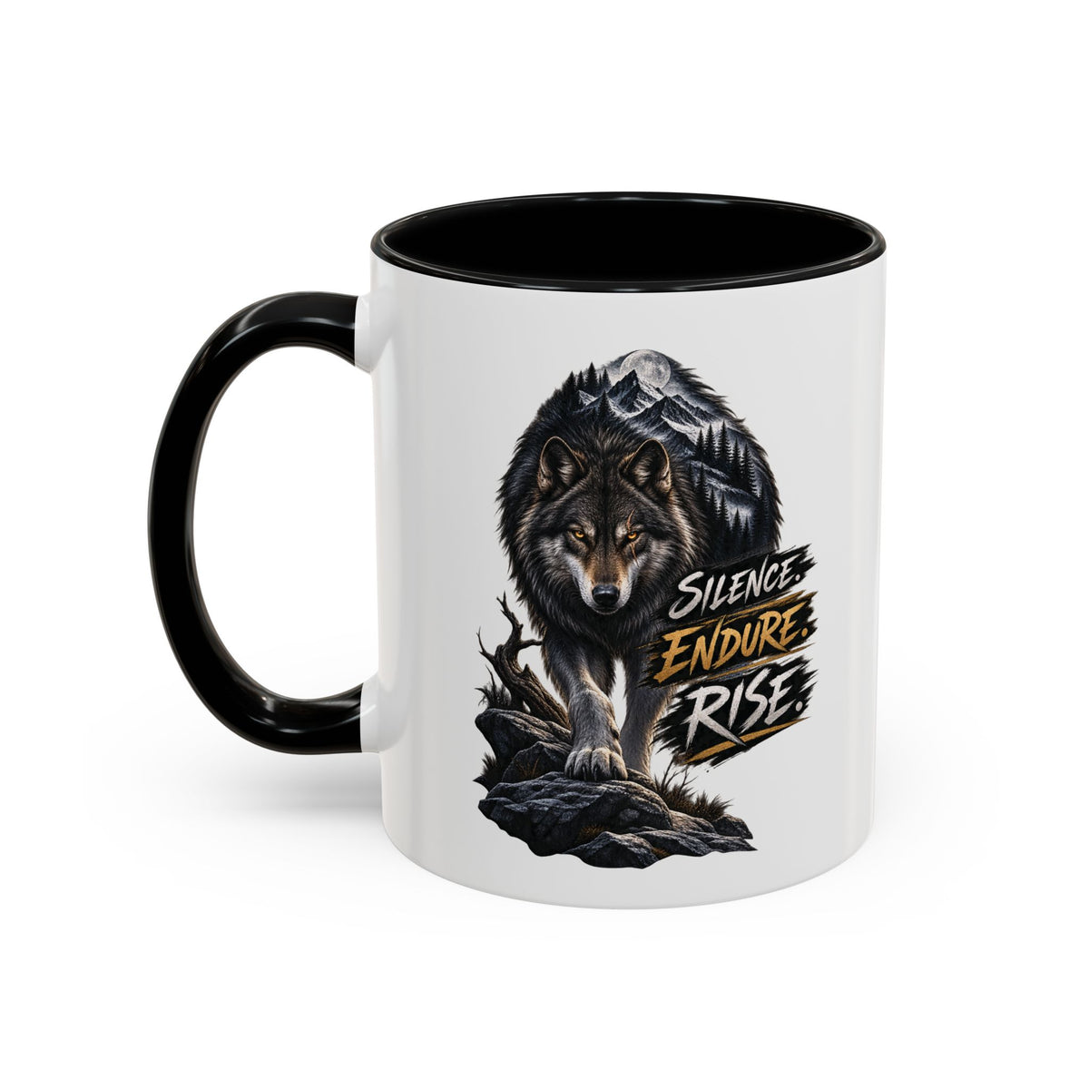 Wolf Graphic Coffee Mug — "Silence Endure Rise" Accent Ceramic Mug (11/15oz)