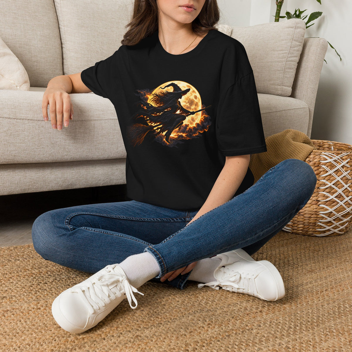 Witch Silhouette T-Shirt — Flying Witch & Full Moon Halloween Tee