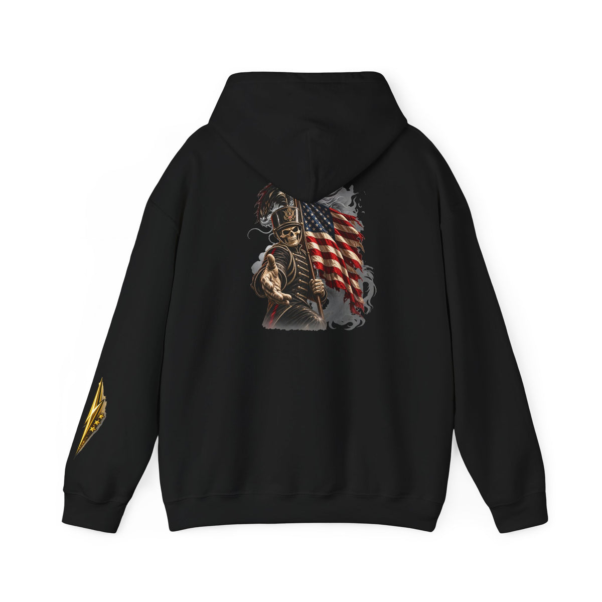 Patriotic Warrior Hoodie — American Flag Skull Back Graphic