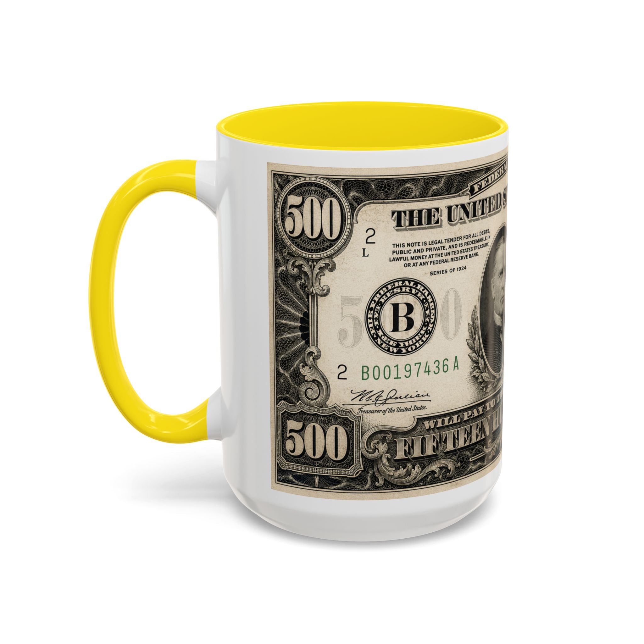 Money Print Coffee Mug — Vintage 1000 & 500 Note Accent Mug
