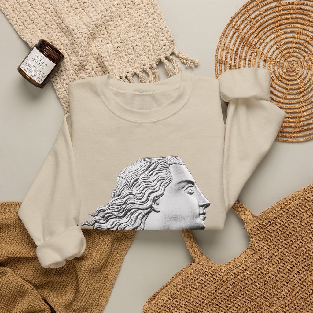 Classical Statue Profile Crewneck Sweatshirt — Sculpted Grecian Head Graphic