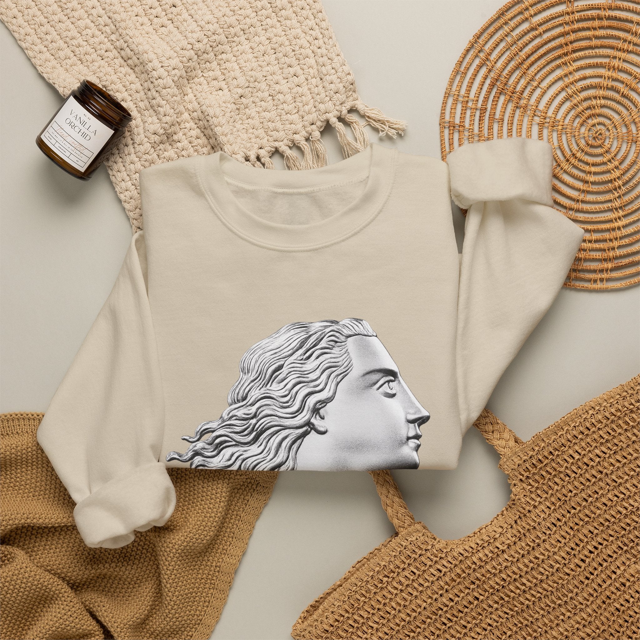 Classical Statue Profile Crewneck Sweatshirt — Sculpted Grecian Head Graphic