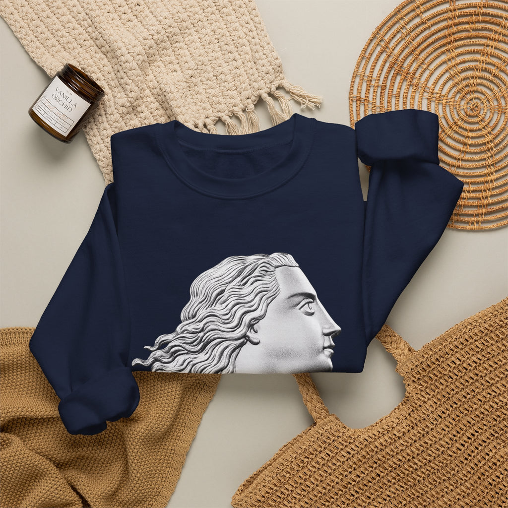 Classical Statue Profile Crewneck Sweatshirt — Sculpted Grecian Head Graphic