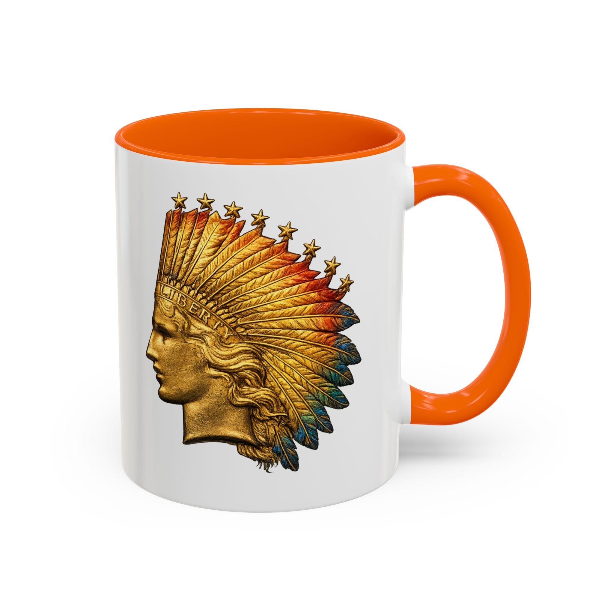 Golden Native Headdress Accent Coffee Mug – Vintage Indian Chief Design (11/15oz)
