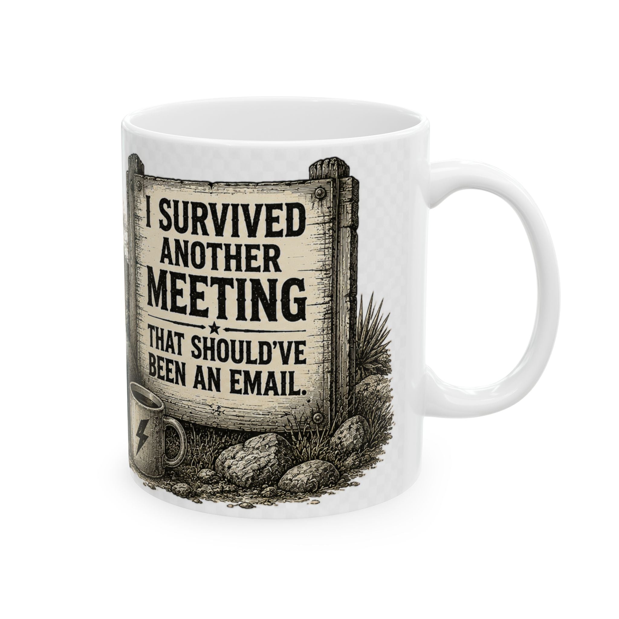 Survived and Still Standing Ceramic Mug — Desert Skull Vintage Coffee Cup (11oz, 15oz)