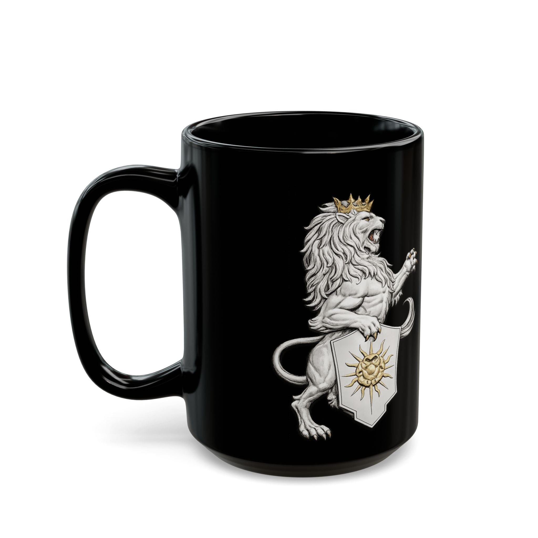 Copy of Regal Lion Crest Black Mug – Crowned Lion with Sun Shield, Medieval Heraldry Coffee Cup