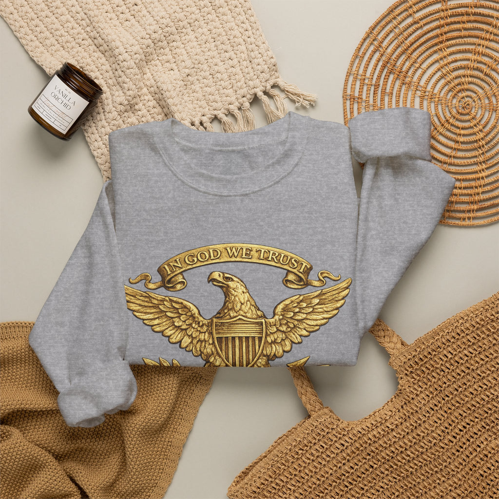 Gold Eagle Emblem Sweatshirt — ‘About We Trust’ Vintage Patriotic Crewneck