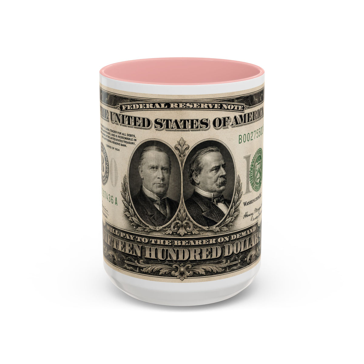 Money Print Coffee Mug — Vintage 1000 & 500 Note Accent Mug