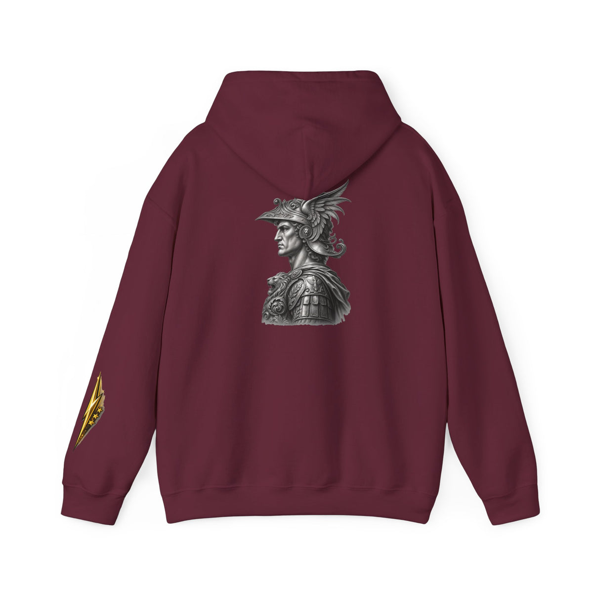 Roman Soldier Hoodie — Detailed Bust Illustration on Back, Gold Sleeve Emblem