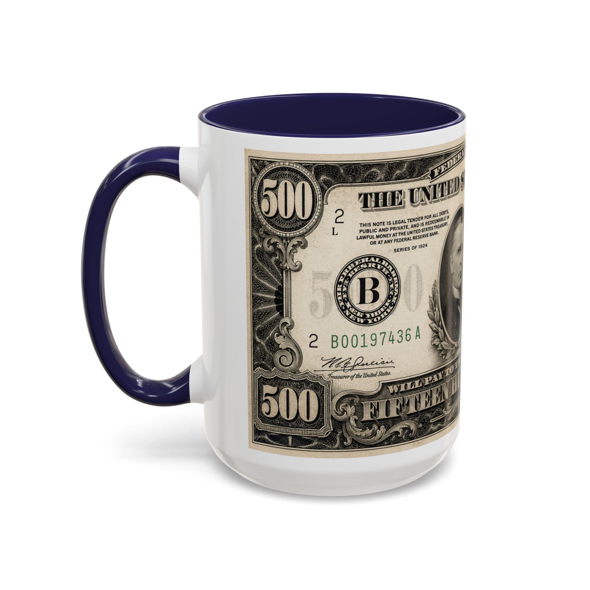 Money Print Coffee Mug — Vintage 1000 & 500 Note Accent Mug