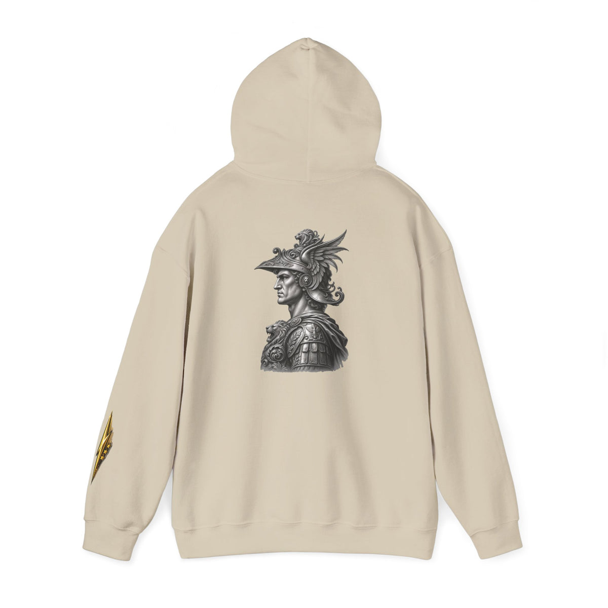 Roman Soldier Hoodie — Detailed Bust Illustration on Back, Gold Sleeve Emblem