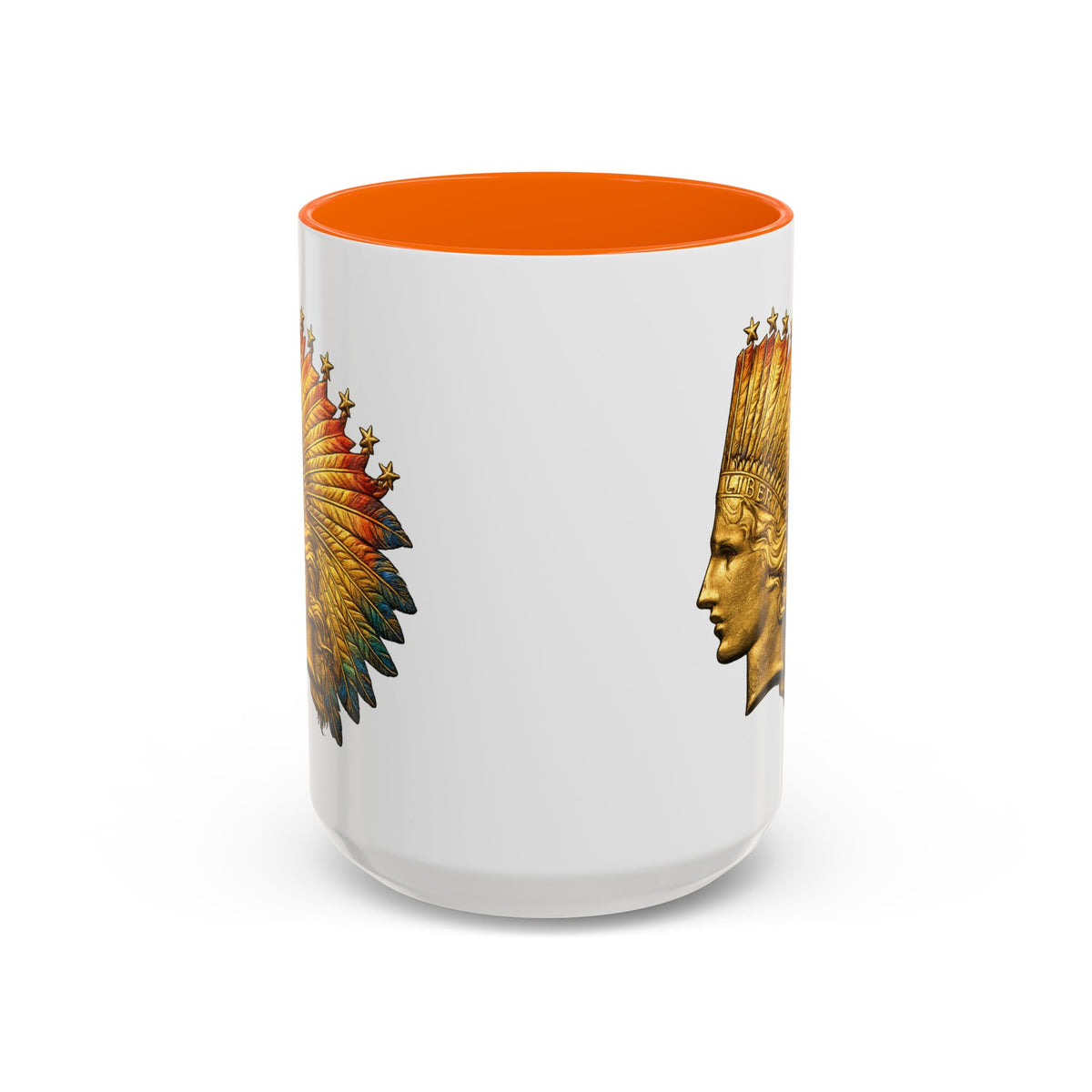 Golden Native Headdress Accent Coffee Mug – Vintage Indian Chief Design (11/15oz)