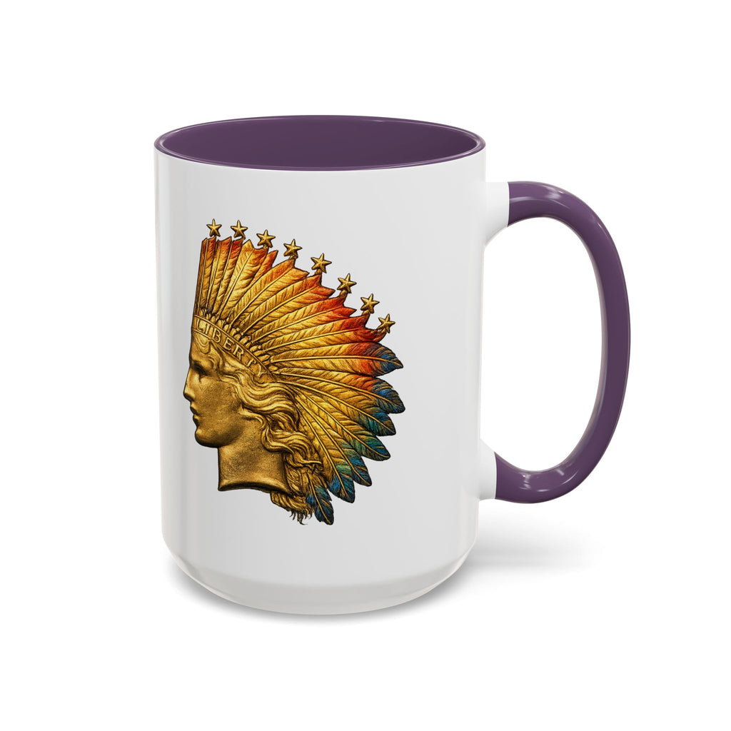 Golden Native Headdress Accent Coffee Mug – Vintage Indian Chief Design (11/15oz)