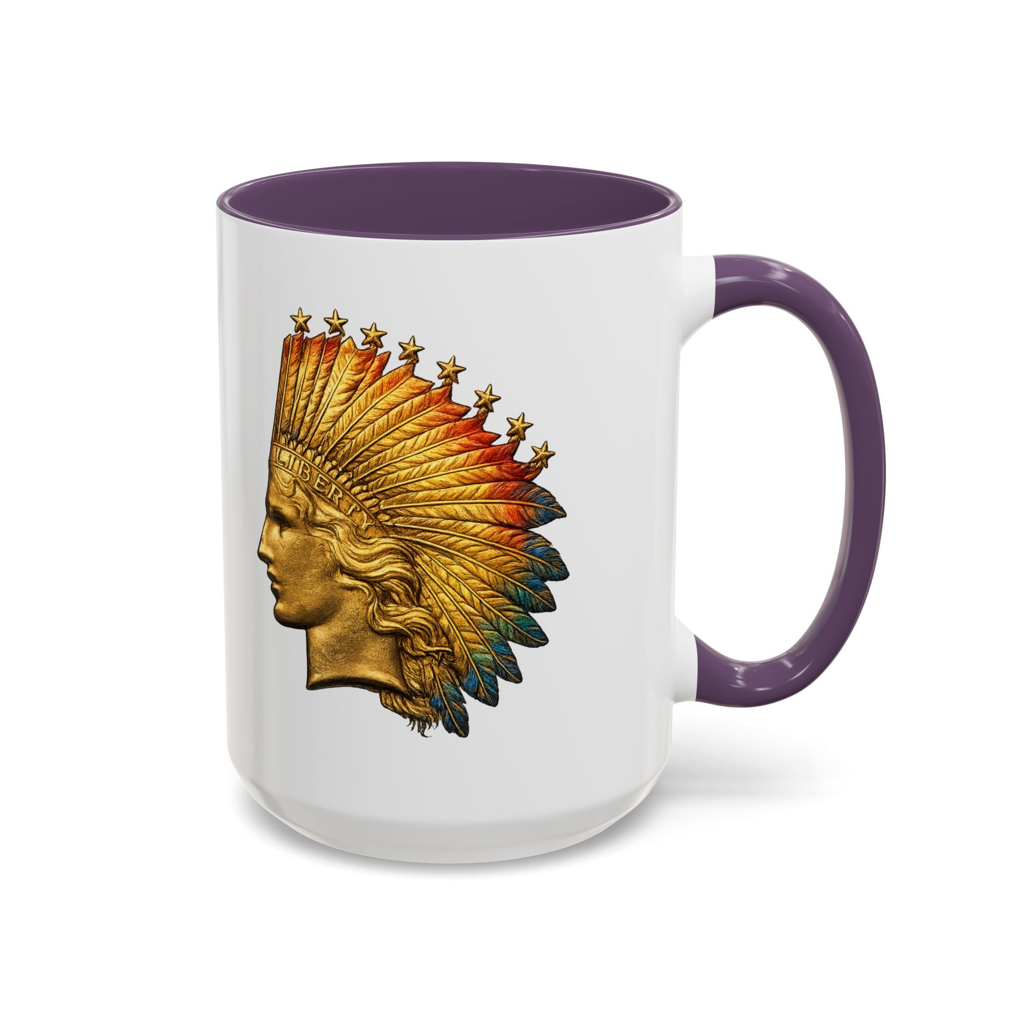 Golden Native Headdress Accent Coffee Mug – Vintage Indian Chief Design (11/15oz)